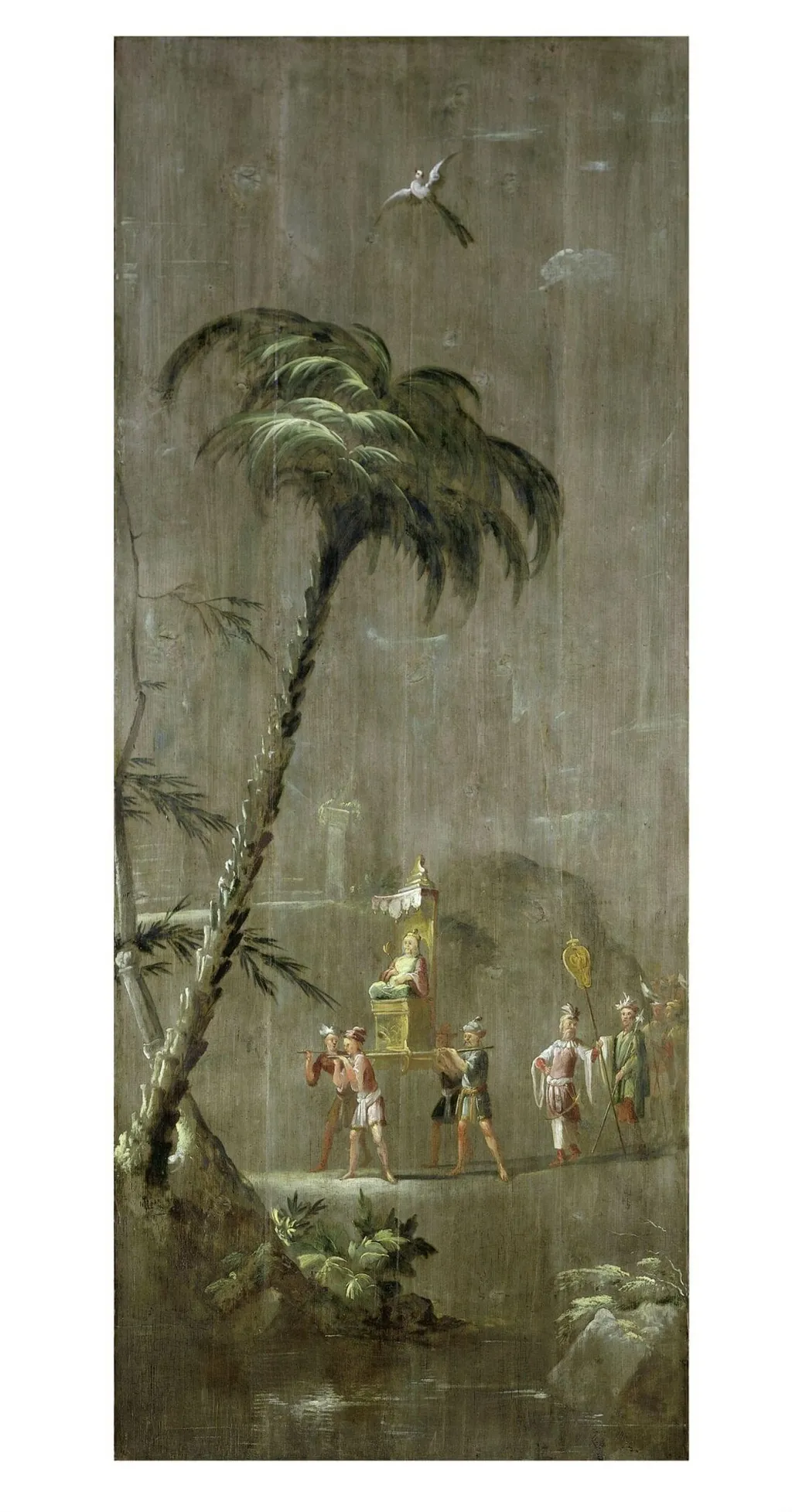 A Chinese Dignitary Seated on a Throne (one of eleven panels with Chinoiserie decoration), by Robert Robinson, oil, 1696
