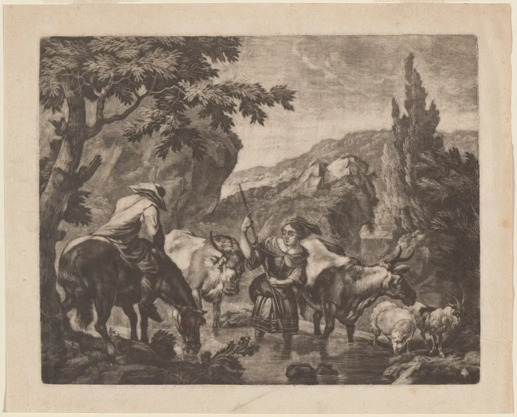 Cattle Fording a Stream, by Robert Robinson, ink, 1690
