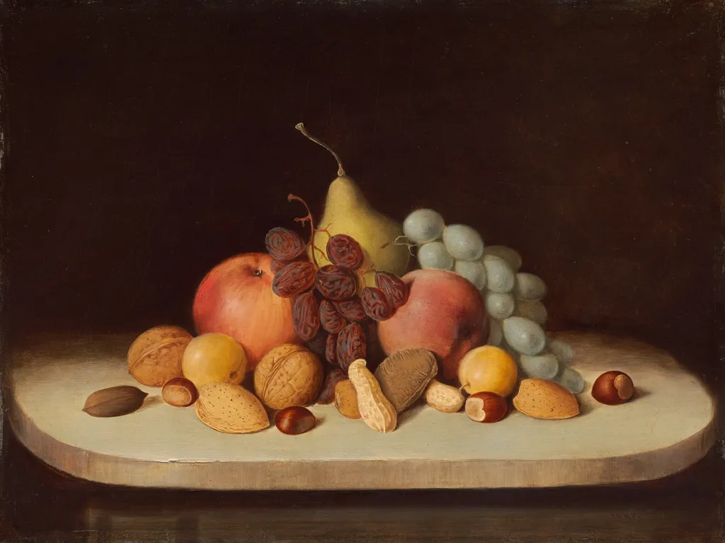 Still Life with Fruit and Nuts, by Robert Seldon Duncanson, oil, 1848