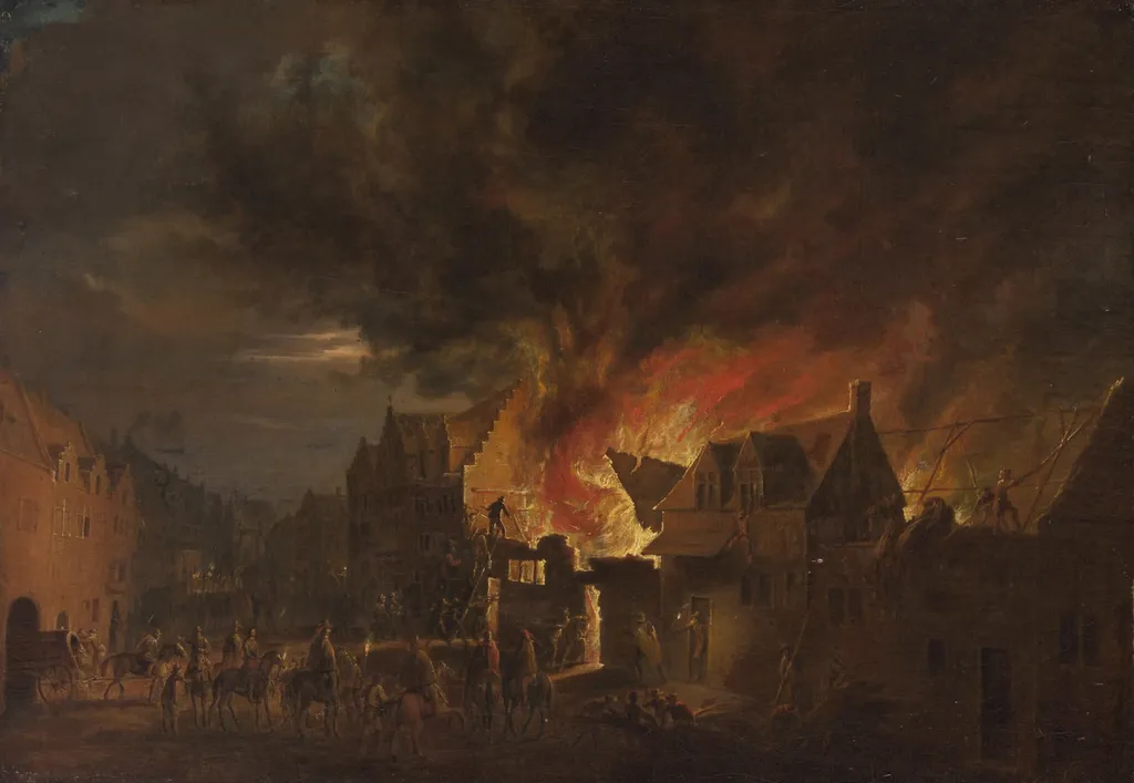 Archduke Leopold Wilhelm at a nocturnal fire, by Robert van den Hoecke, color, 1656