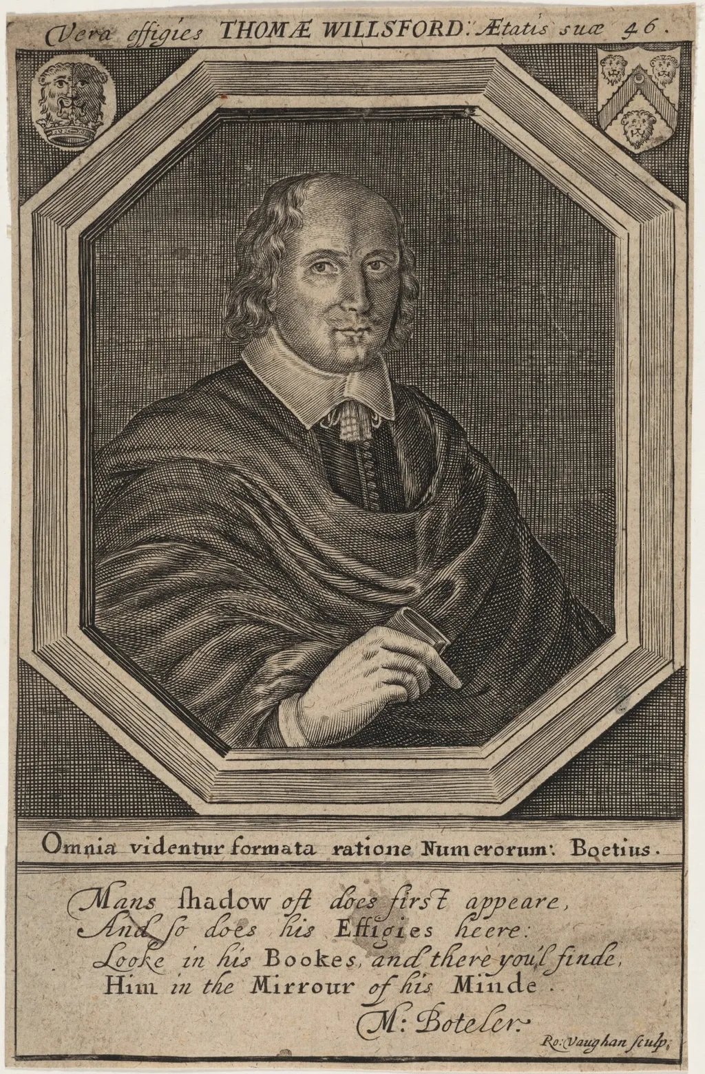 Thomas Willsford, Mathematician, by Robert Vaughan, ink, 1658