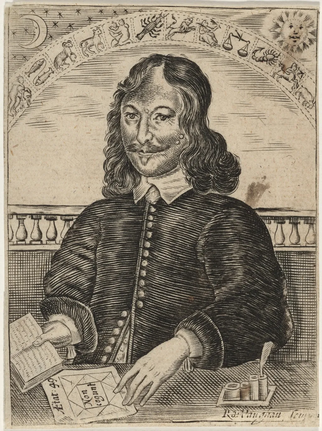 William Lilly, by Robert Vaughan, ink, 1640