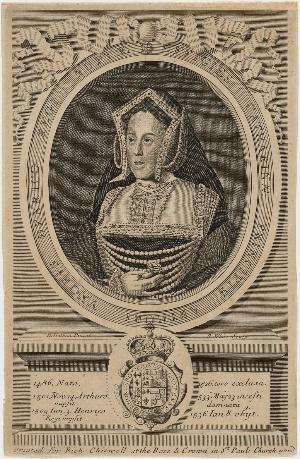 Catherine of Aragon, First Wife of Henry VIII, by Robert White, ink, 1681