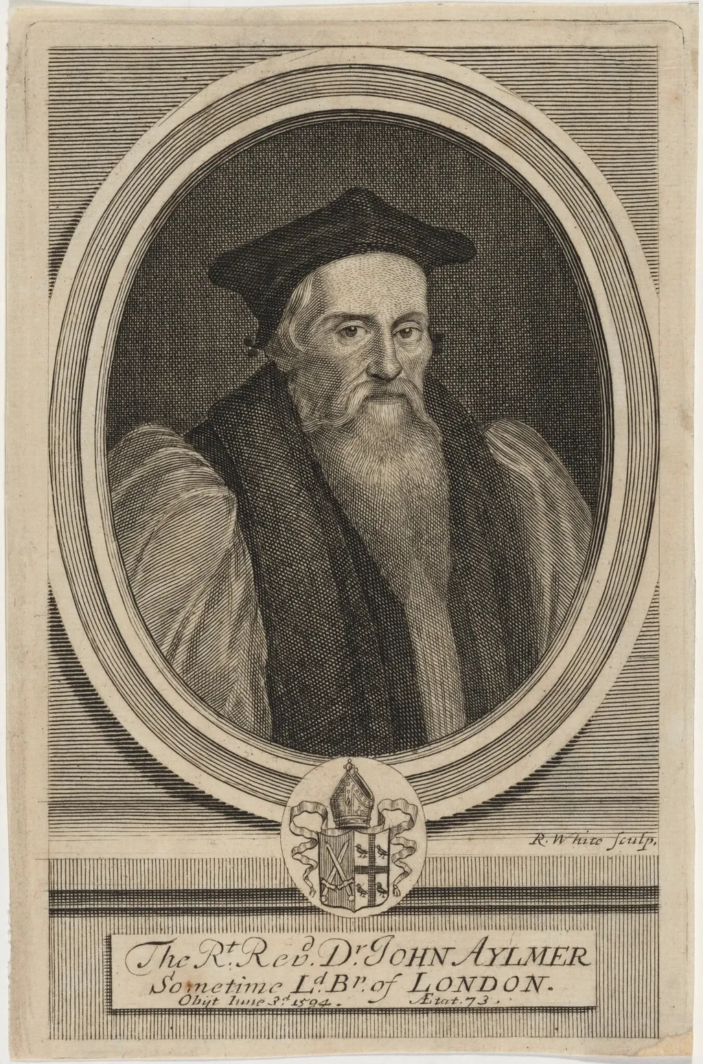 John Aylmer, D.D., Bishop of London, Preceptor to Lady Jane Grey, by Robert White, ink, 1701