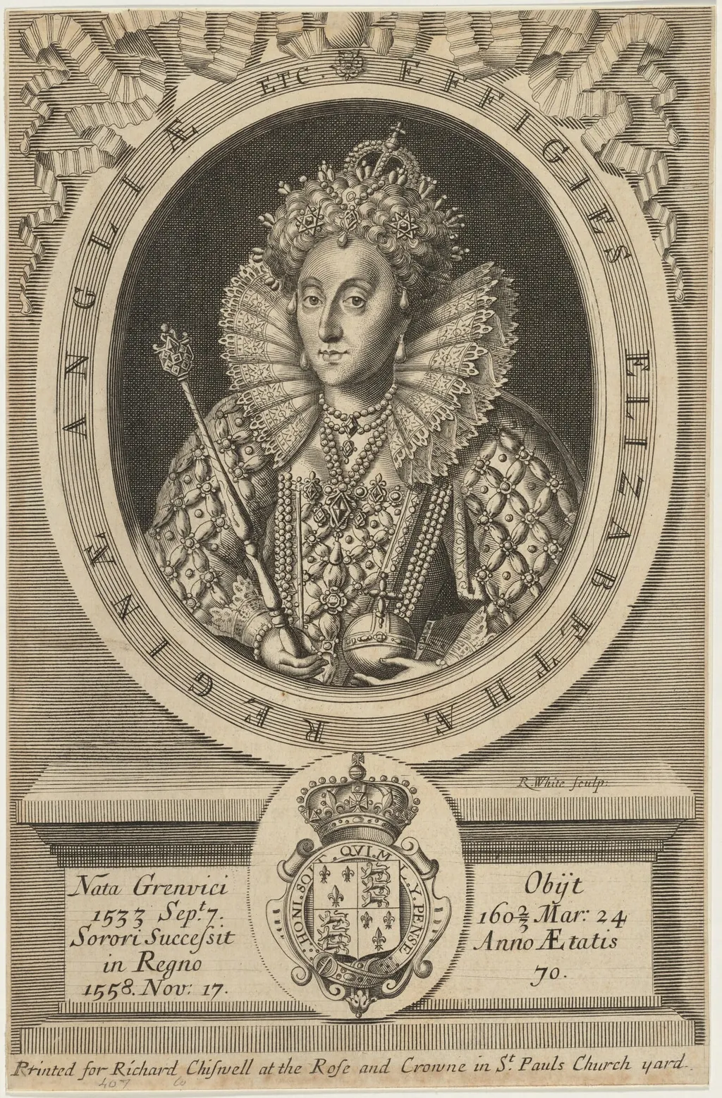 Queen Elizabeth, by Robert White, ink, 1681
