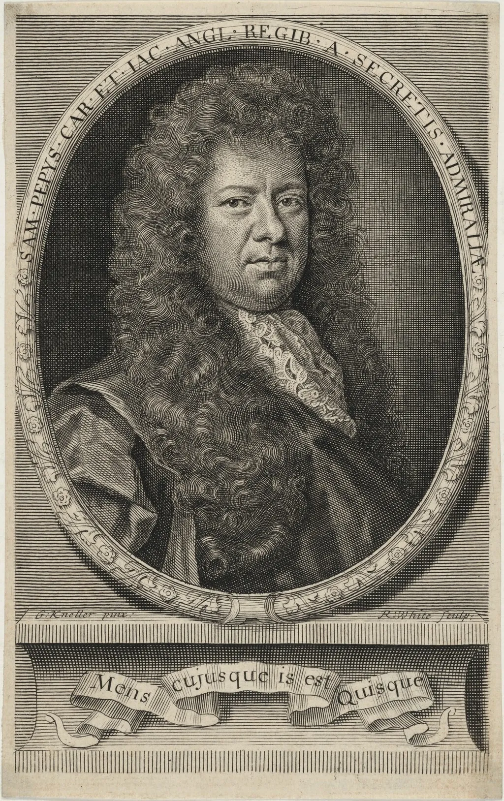 Samuel Pepys, Secretary to the Admiralty, Diarist, by Robert White, ink, 1674