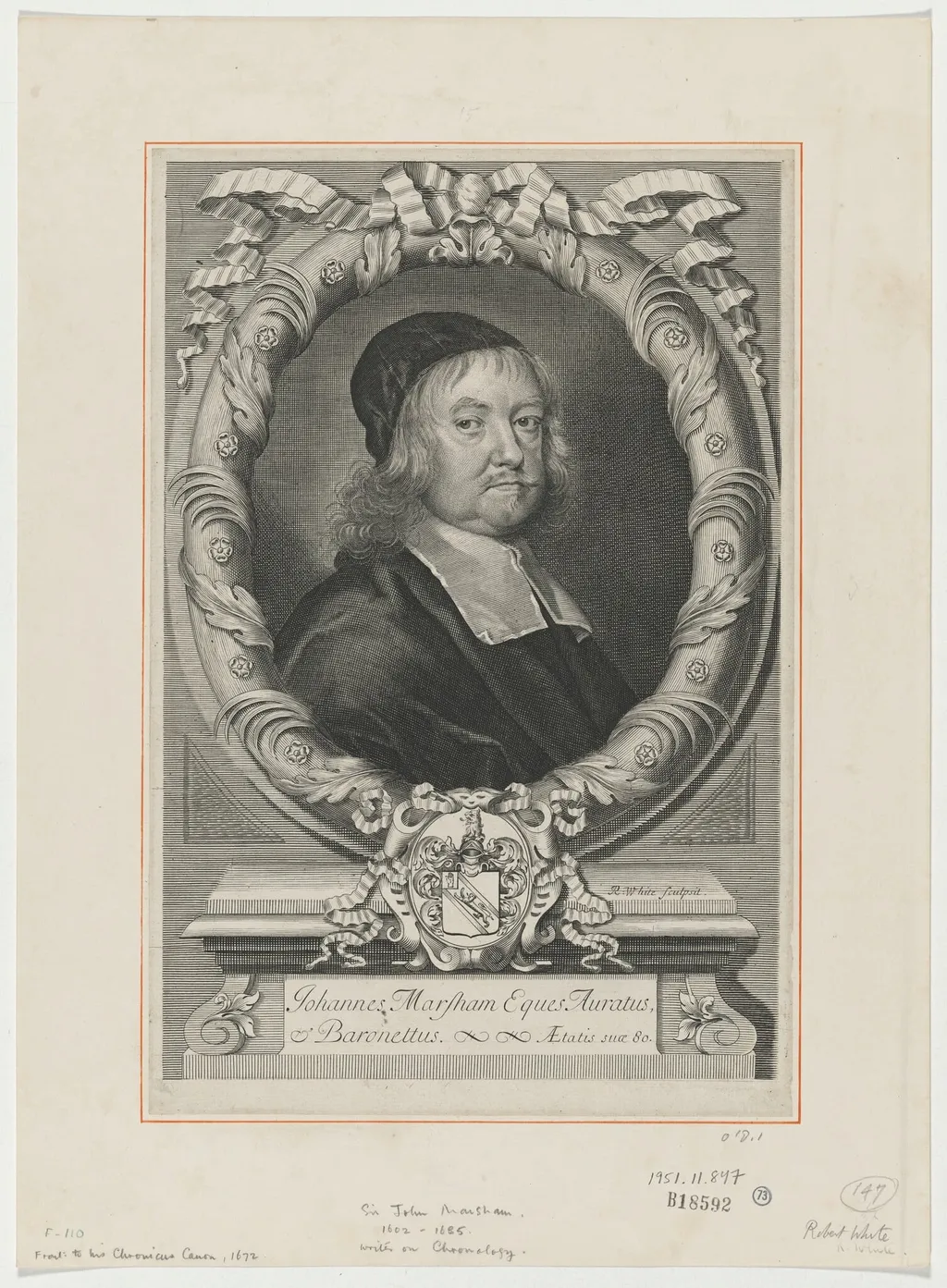 Sir John Marsham, Writer on Chronology, by Robert White, ink, 1672