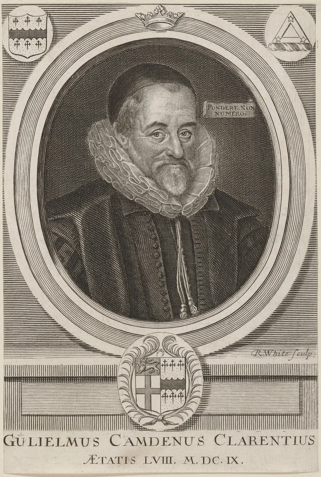 William Camden, by Robert White, ink, 1691