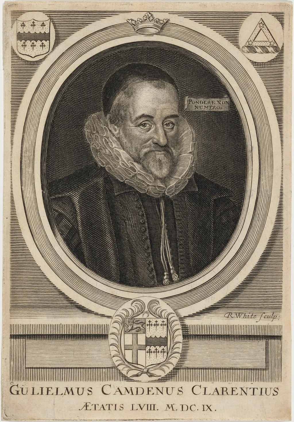 William Camden, by Robert White, ink, 1691