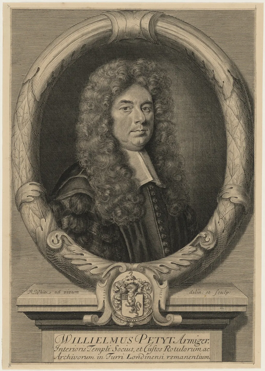 William Petyt, Keeper of the Records in the Tower, by Robert White, ink, 1698