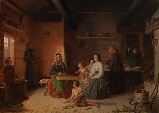 Kreeta Haapasalo soittaa kannelta talonpoikaistuvassa, by Robert Wilhelm Ekman