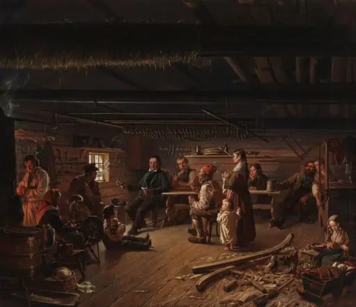 Pentti Lyytinen lukee runojaan savolaisessa pirtissä, by Robert Wilhelm Ekman