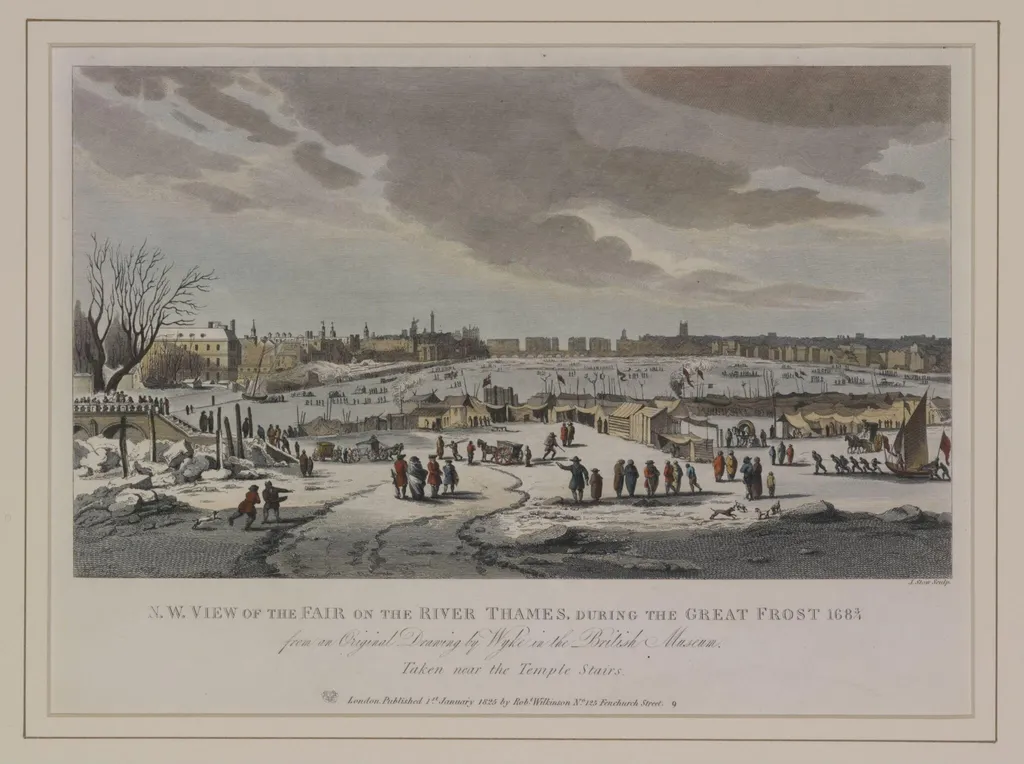 N.W. View of the Fair on the River Thames during the Great Frost 1683/4 from an Original Drawing by Wyke in the British Museum. Taken near Temple Stairs, by Robert Wilkinson, 1