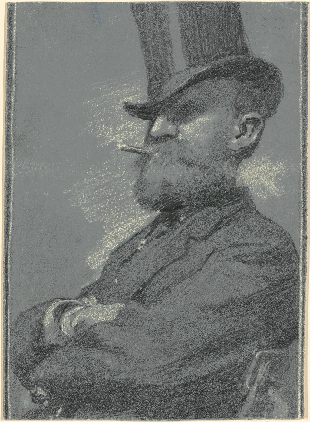 Man in Top Hat, Smoking a Cigar, by Robert William Vonnoh, graphite, 1801