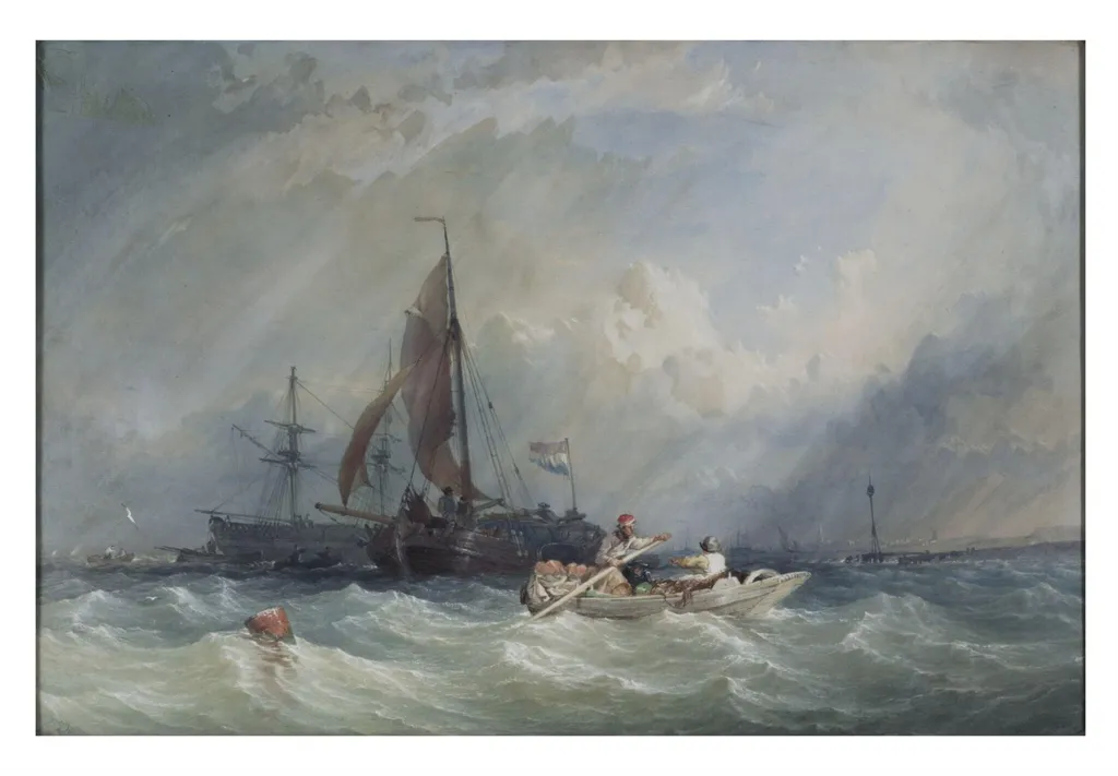 Shipping in a Fresh Breeze, by Robins, watercolor, 1853