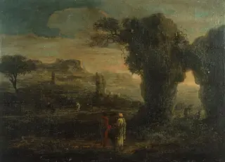 Rocky landscape with three travellers