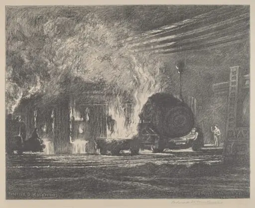 Steel Being Poured Into Open Hearth Furnace, by Roderick D. MacKenzie