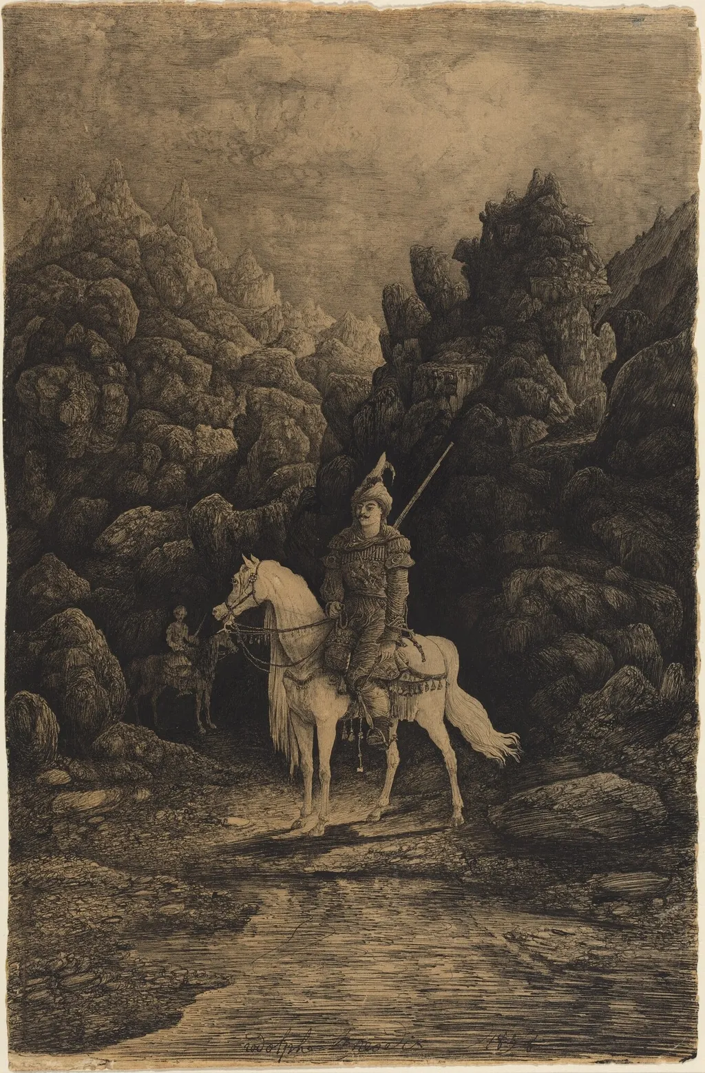 Oriental Horseman in a Desolate Mountain Landscape, by Rodolphe Bresdin, ink, 1858