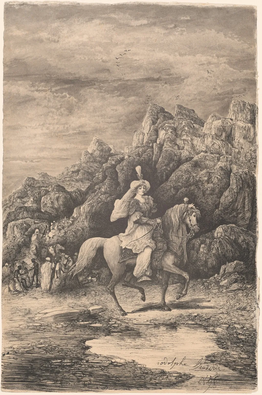 Oriental Horsewoman in a Desolate Mountain Landscape, by Rodolphe Bresdin, ink, 1858