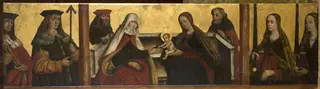 Rodzina Panny Marii (śś. Anna Samotrzeć, Joachim i Józef) ze śś. Edmundem (?), Sebastianem, Katarzyną i Barbarą (?). Predella retabulum ołtarzowego z okolic Iwonicza (?)
