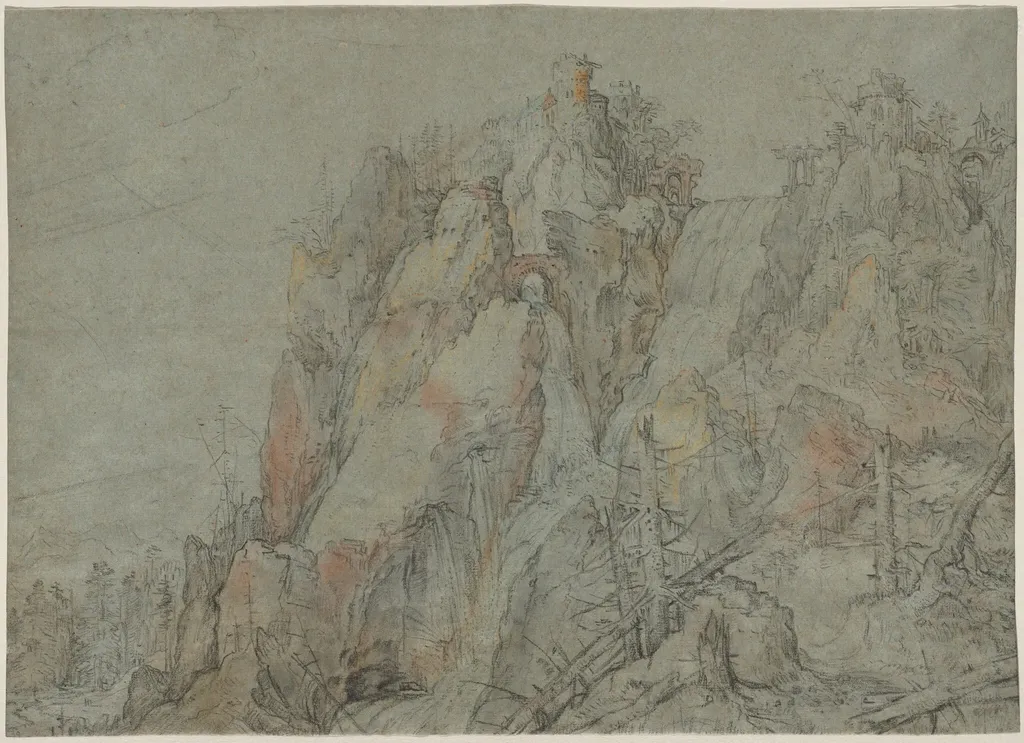 Mountainous Landscape with Castles and Waterfalls, by Roelandt Savery, chalk, 1606