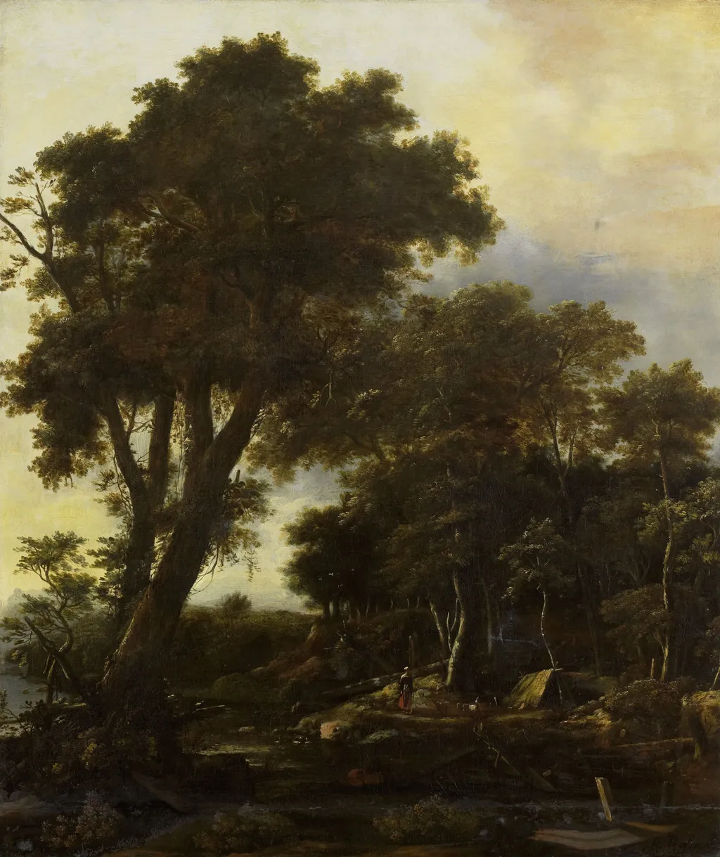 Forest landscape with lean-to, by Roelant Roghman, oil, 1650