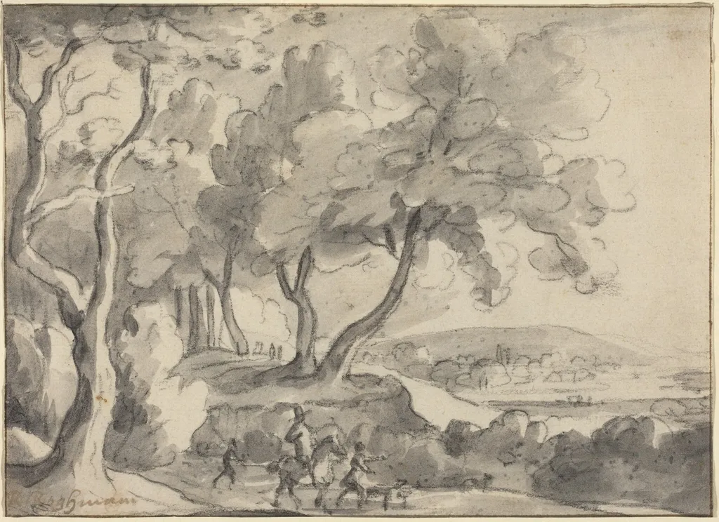 Horseman and Attendants at the Edge of a Wood, by Roelant Roghman, chalk, 1660