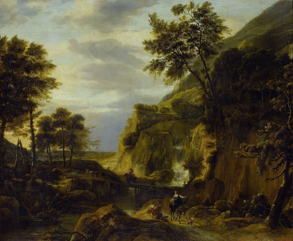 Mountainous landscape with waterfall, by Roelant Roghman, oil, 1650