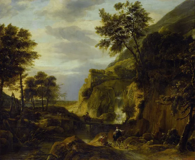 Mountainous landscape with waterfall