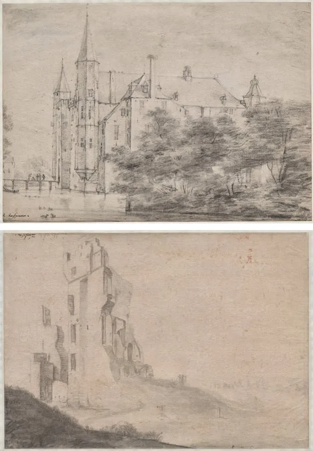 Zuylen Castle, near Utrecht (recto)/Ruin of the huis Ter Kleef, near Haarlem (verso), by Roelant Roghman, 1646
