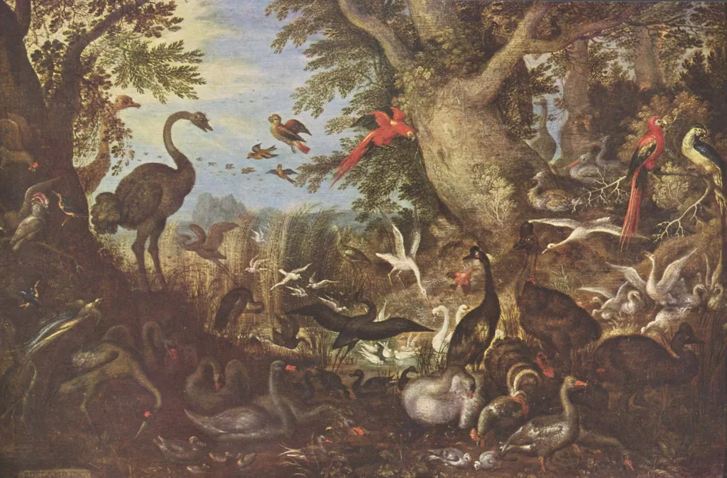 Birds in a landscape, by Roelant Savery, oil, 1622