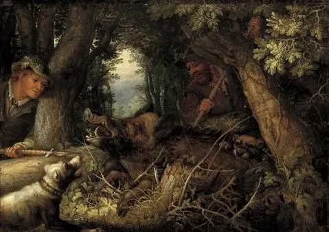 Boar hunting, by Roelant Savery, oil, 1609