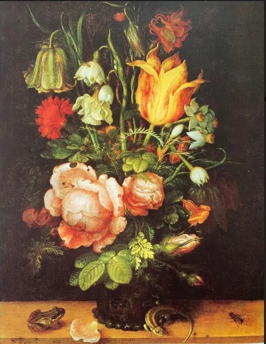 Flowers in a glass vase, 1615, by Roelant Savery