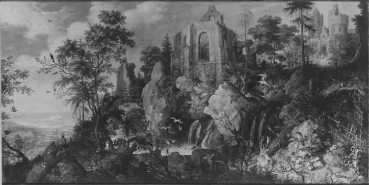 Landscape with a ruined church by a waterfall, by Roelant Savery