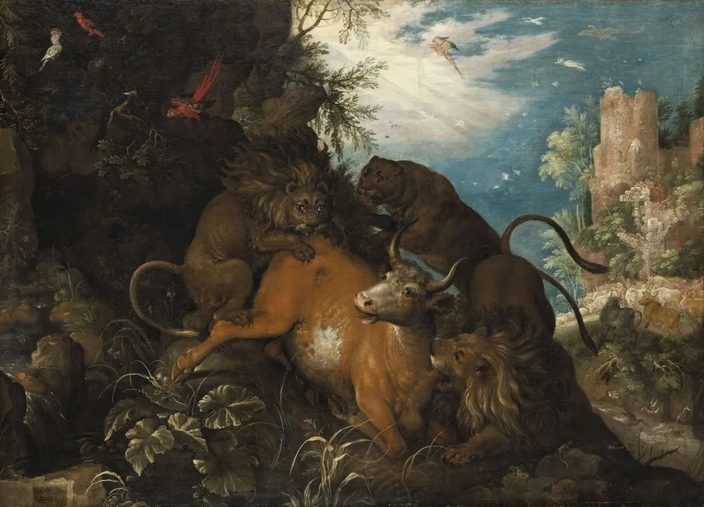 Landscape with Lions Attacking a Cow, by Roelant Savery, oil, 1628