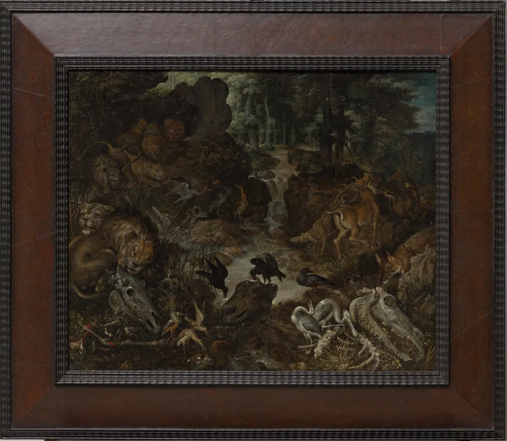 Lions and Fox in a Rugged Landscape, by Roelant Savery, unspecified, 1606