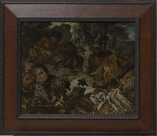 Lions and Fox in a Rugged Landscape, by Roelant Savery