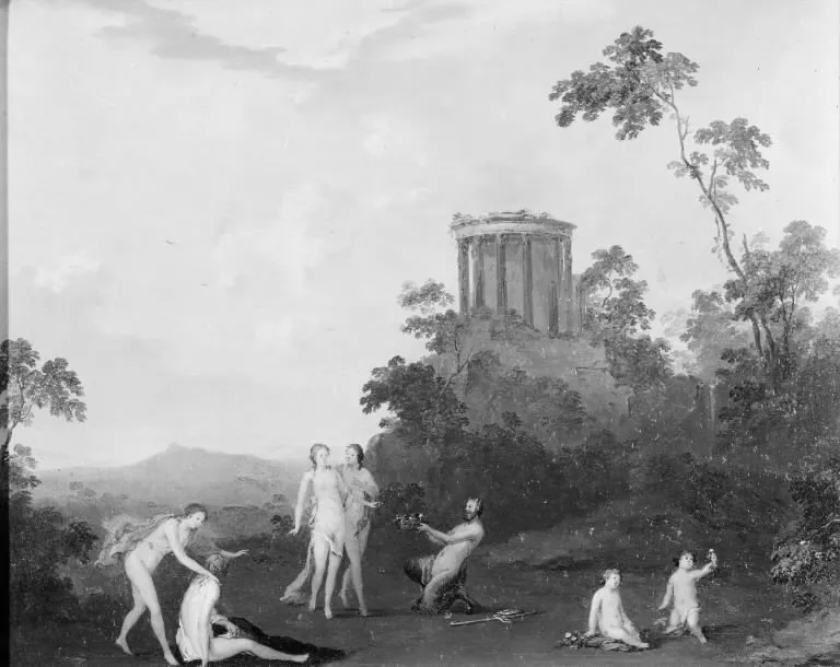 Nymphs and Satyr in front of a Temple, by Roelant Savery, unspecified, 1615