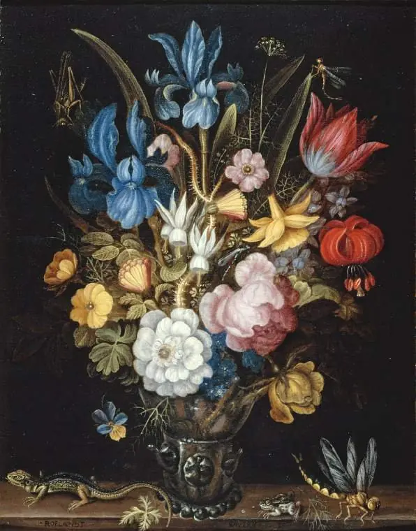Still life with flowers in a glass berkemeyer with a lizard, frog and dragonfly on a ledge, by Roelant Savery