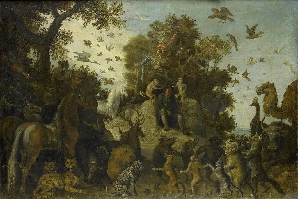 The poet crowned by two apes at the feast of the animals, by Roelant Savery