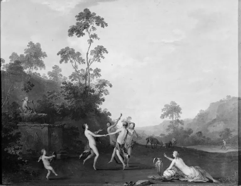 Three Nymphs Dancing with a Satyr, by Roelant Savery, unspecified, 1615