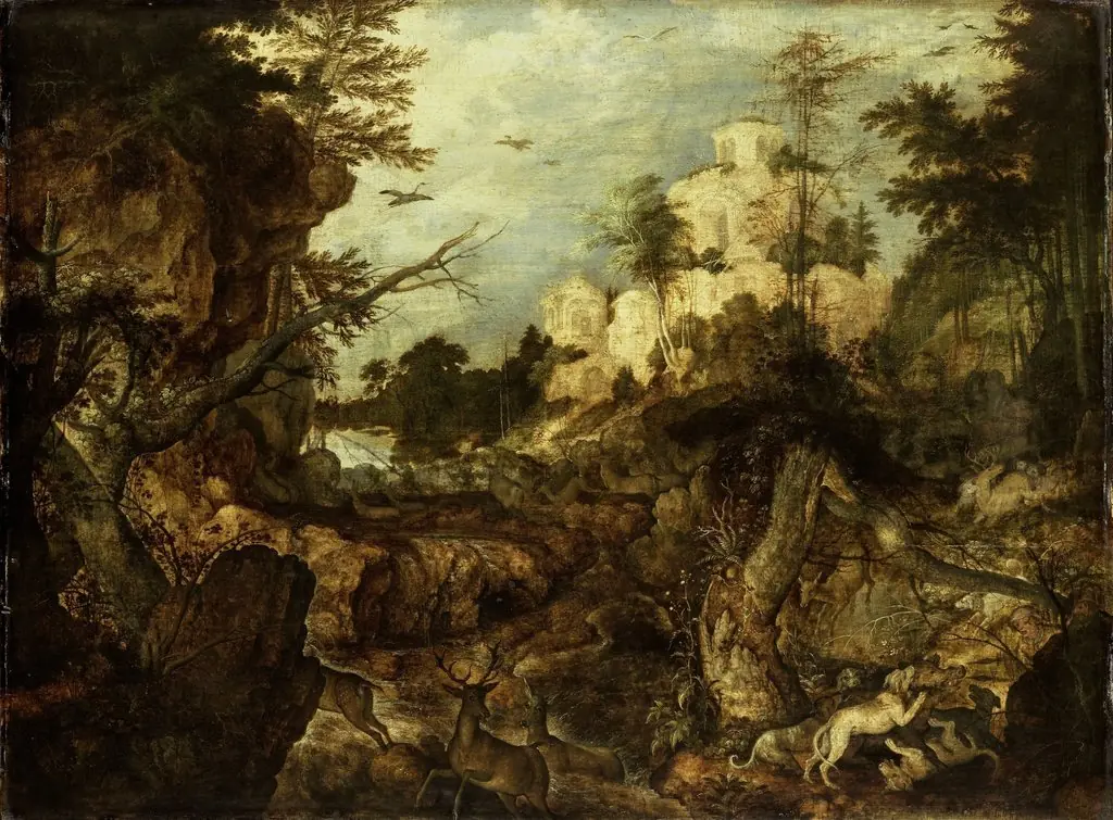 Wild boar hunt in a rocky landscape, by Roelant Savery