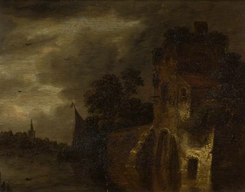 A Tower beside a river, by Roelof Jansz van Vries, oil, 1666