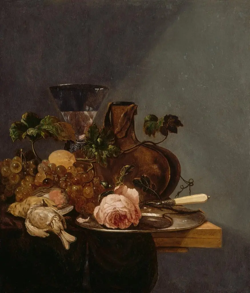 Stillleben mit Trauben, toten Vögeln und Weinglas auf Holztisch, by Roelof Jansz van Vries