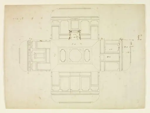 Elevations of the interior walls and a plan of the ceiling, Combe Bank, by Roger Morris
