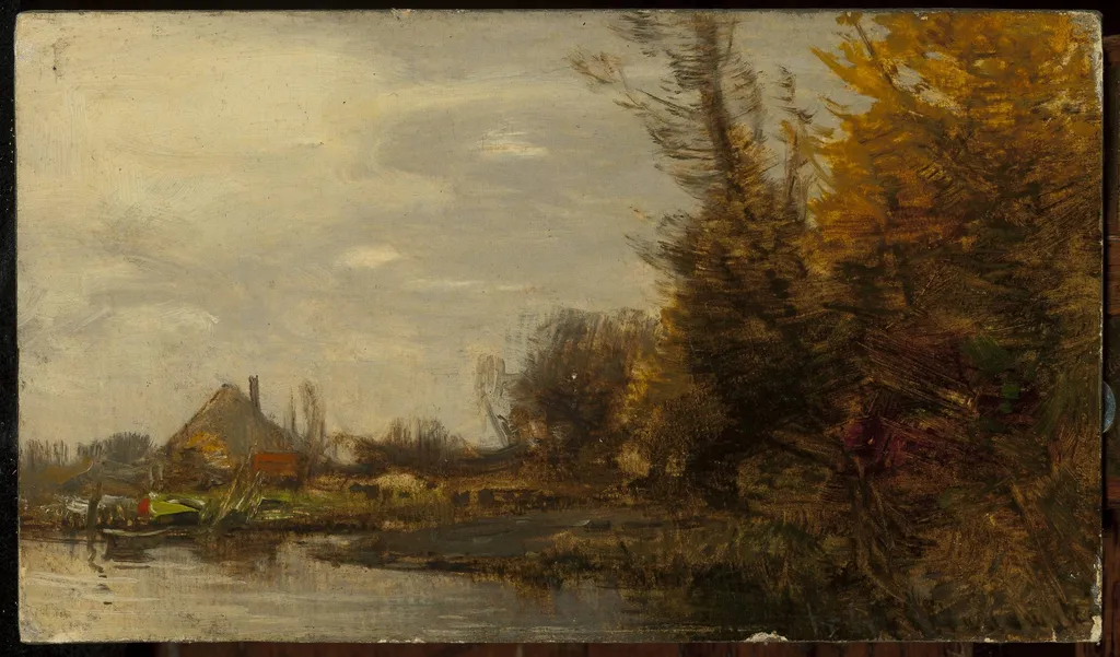 Autumn landscape with a cottage at waterside, by Roman Kochanowski, oil, 1898