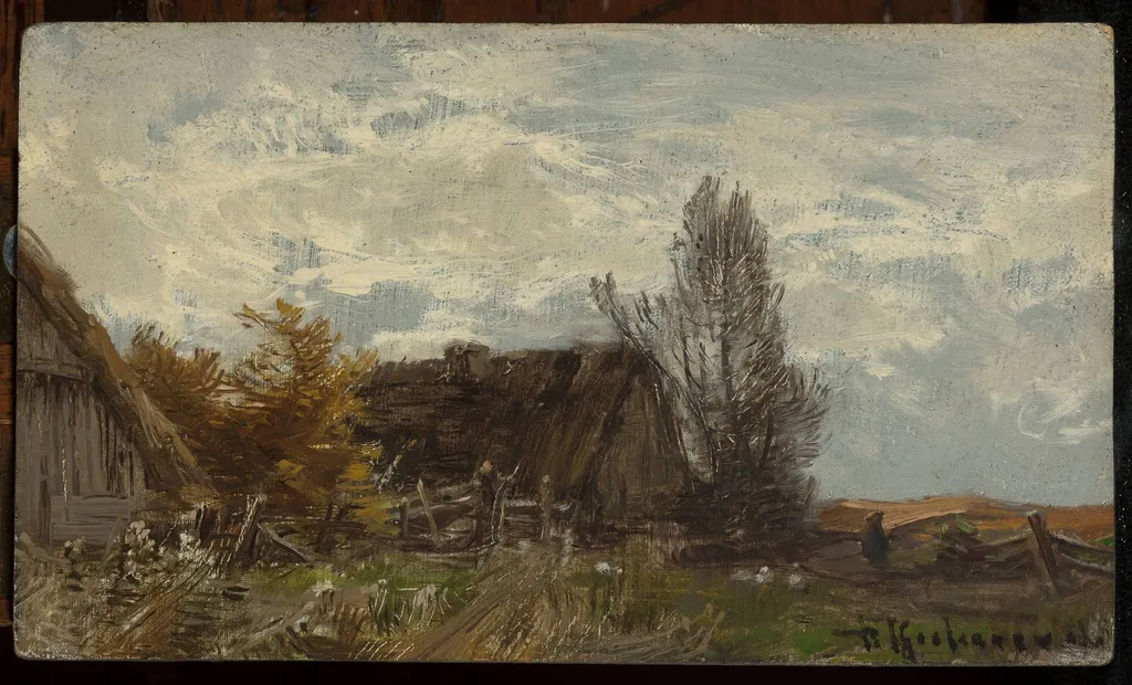 Countryside landscape with a farmyard, by Roman Kochanowski, oil, 1898