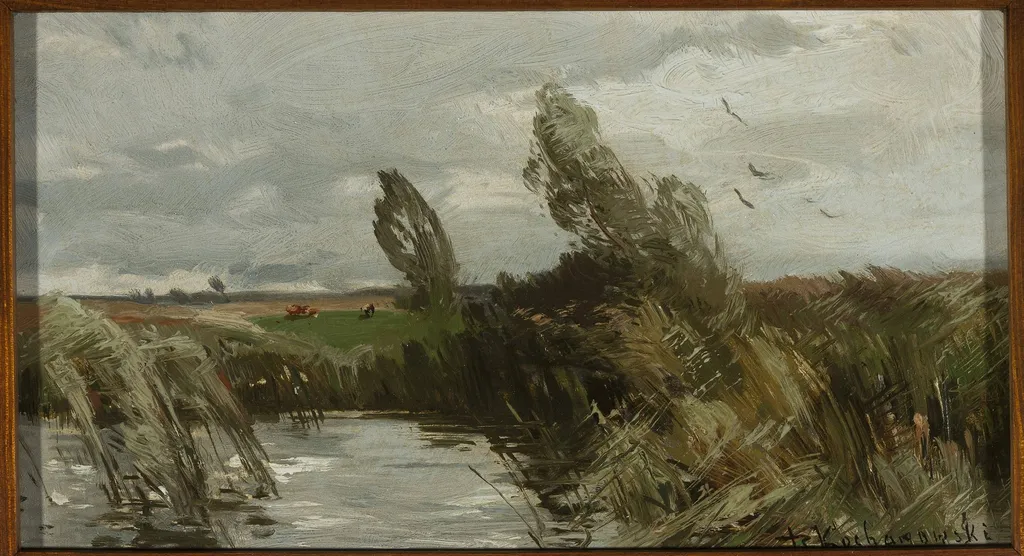 Landscape with water and bulrush, by Roman Kochanowski, oil, 1898
