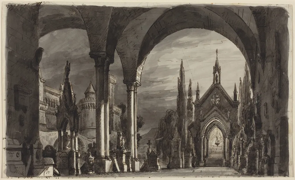 Graveyard of the Ravenswoods, from "Lucia di Lammermoor", by Romolo Liverani, ink, 1868