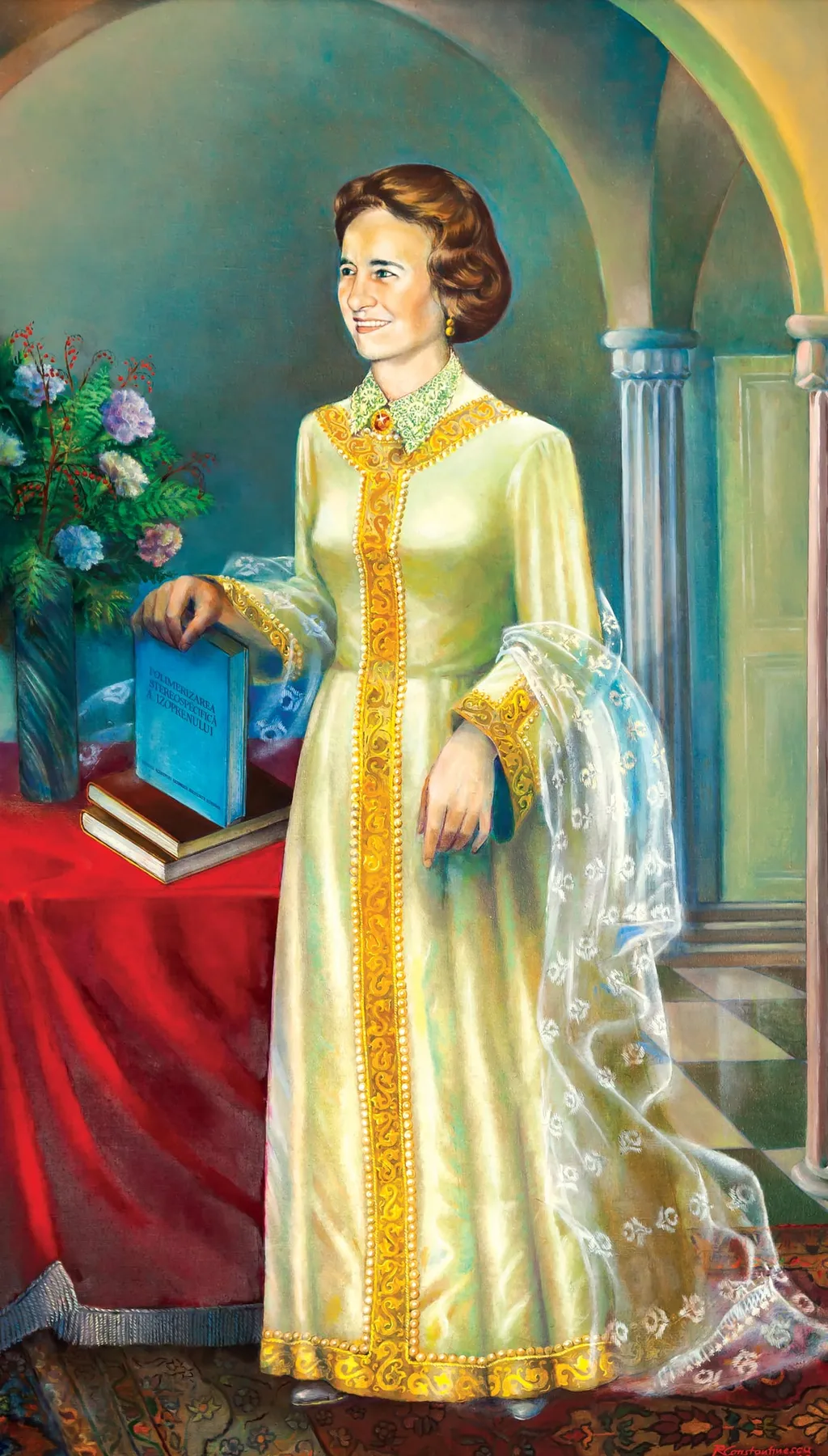Tablou, ulei pe pânză, portret Elena Ceaușescu, semnat R. Constantinescu și datat în partea dreaptă jos. Elena Ceaușescu este reprezentată în ținută de pințesă medievală, pe fundal o sală cu arcade dând impresia unui palat; în mâna dreaptă a Elenei Ceaușescu lucrarea sa de doctorat ”Polimerizarea stereospecifică a izoprenului”. Comandat și oferit de Comitetul Județean de Partid Argeș (1983)., by Romulus Constantinescu
